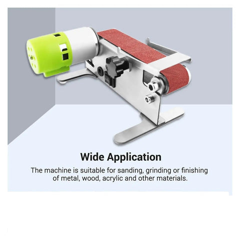 Mini Electric Belt Sander With Seven Speed Settings For Precision Sanding Polishing And Grinding Woodworking Metal Sharpening Project Includes Ten Durable Sandpaper Belts Compact Desktop And Handheld Tool from a side view.