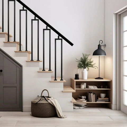 Three Pack 36 Inch Square U Shape Matte Black Metal Stair Balusters With Adjustable Top Bracket For Interior Wood Handrail in modern staircase.