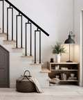 Slap Some Slick 36 Inch U Shape Stair Balusters Matte Black 4 Pack with adjustable top bracket on modern staircase.