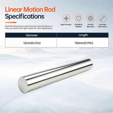 Smooth 2-Pc 12mm By 150mm Linear Motion Rods For Precision Guide Shaft Rail Systems With Ground Finish showcasing specifications.