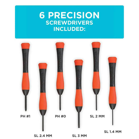 Six precision screwdrivers in the Magnetic Screwdriver Set With Precision And Full-Size Bits Phillips And Flat Head 12-Piece Swivel Endcaps For Tight Spaces Non-Slip Black Oxide Tips For Less Slippage Wobble And Stripping Built For Quick DIY Fixes shown upright on a white background with black and orange handles, labeled with sizes.