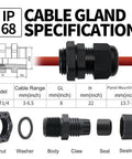 Specifications of 12 Pack Quarter Inch NPT Cable Glands IP68 Waterproof Nylon PA66 Strain Relief, parts and dimensions shown