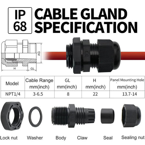 Specifications of 12 Pack Quarter Inch NPT Cable Glands IP68 Waterproof Nylon PA66 Strain Relief, parts and dimensions shown