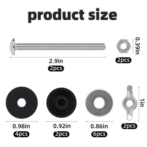 Detailed view of 2 Pcs Toilet Tank Bolts Replacement Kit Heavy Duty Stainless Steel Universal Toilet Seat Bolts and Nuts with sizes