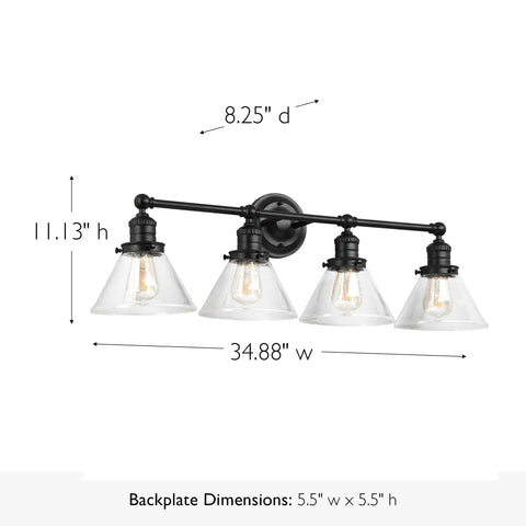 Rustic Farmhouse 4-Light Vanity Light In Matte Black With White Bowl Shades And Black Trim, 34.88 in wide dimensions shown