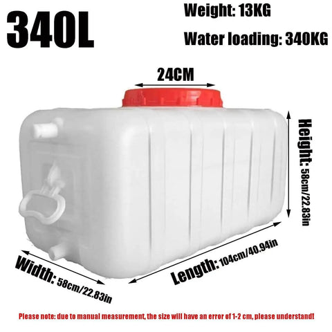 Food Grade Water Storage Tank 340L Plastic Storage Barrel, large white rectangular tank with red cap, dimensions labeled, for versatile use.