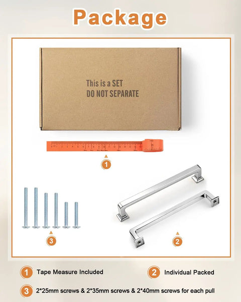 Box with 'This is a SET' message, orange tape measure, and two polished chrome cabinet pulls, part of 10 Pack Slick Polished Chrome Cabinet Pulls 5 Inch Center To Center Dresser Drawer Handles For Kitchen Cabinets Cupboards And Bathroom Solid Finish, Easy Install, Durable Hardware Upgrade For Your Home, with included screws.