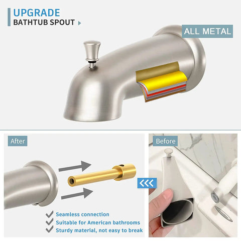 Image showing before and after installation of a brushed nickel tub spout from 4-Way Tub and Shower Faucet Set With Rough-In Valve Included.