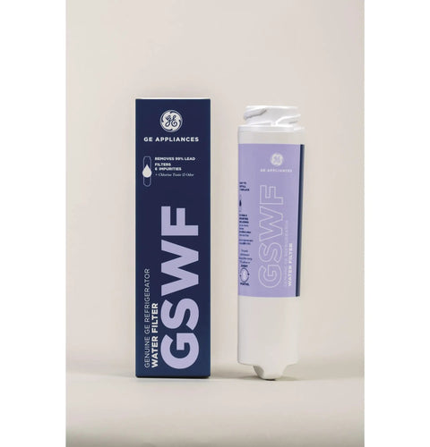Refrigerator Water Filter GSWF Compatible, Easy Twist Lock Replacement product shown next to packaging, reduces lead and impurities.