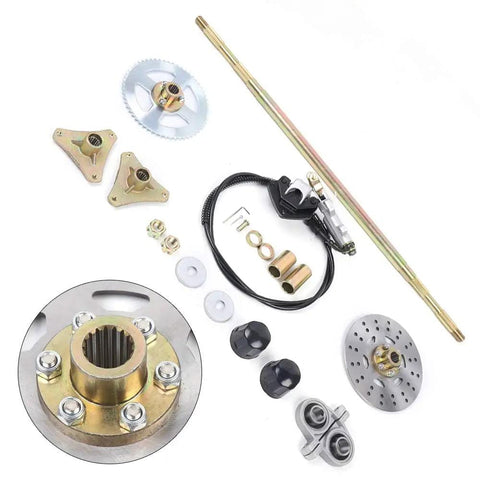 Go Kart Rear Axle Kit 740mm With Beefed-Up Brake Assembly And Pillow Blocks Including T8F Chain For DIY Quad Trike Drift Bike Builds Fits 50cc 70cc 90cc ATVs And More components laid out