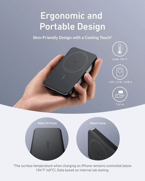 Hand holding an Ultra Compact 10000Mah Portable Power Bank With Qi2 Certified 15W MagSafe Wireless Charging, featuring ergonomic design.