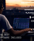 Person using MiniFuse 2 USB Audio And MIDI Interface with creative software on laptop at dusk.
