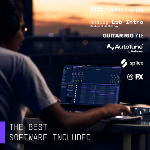 Person using MiniFuse 2 USB Audio And MIDI Interface with creative software on laptop at dusk.