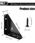 Rock Solid 4 Pack Corner Brace Brackets For Wood And Metal, 66mm black steel bracket and screw dimensions illustration.
