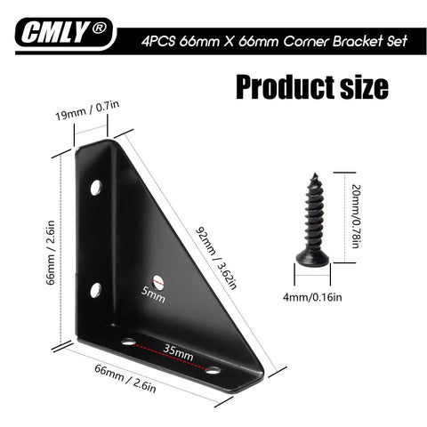 Rock Solid 4 Pack Corner Brace Brackets For Wood And Metal, 66mm black steel bracket and screw dimensions illustration.