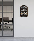 Straight Up No Smoking Or Vaping Sign Top Shelf 12X8 Inch Heavy Duty Rust Free Aluminum Board displayed on a wall in an office.
