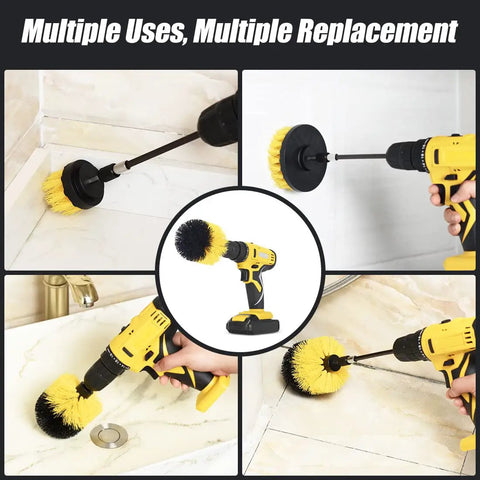 Heavy Duty Drill Brush Attachment Set With Four Shapes And Dual Bristles, cleaning bathroom, kitchen, grout, tub, tile, car.