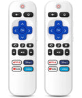 Two Replacement TV Remote Controls For TCL Onn Hisense Sharp Philips Westinghouse Insignia Element TLC Roku Ruko Ruku Roko Smart TVs Pack Of Two With Easy Setup And Wide Compatibility 1 Year Warranty, showing front view with blue control pad.