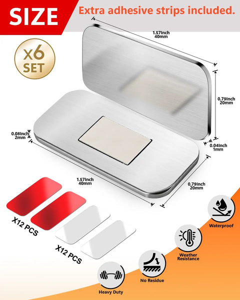 6 Pack Ultra Thin Magnetic Cabinet Door Latches with Strong Hold Adhesive, no drill install, extra adhesive strips included.