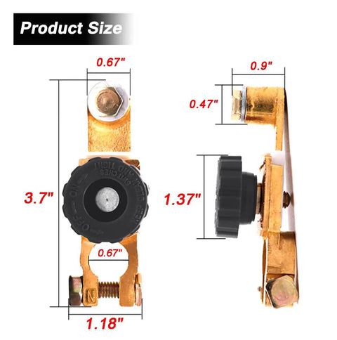 Beefy Top Post Battery Disconnect Switch 12V 125A Quick Disconnect For Cars Trucks Marine RV And Electrical Equipment Brass Construction Black Durable, front and side view with dimensions highlighted