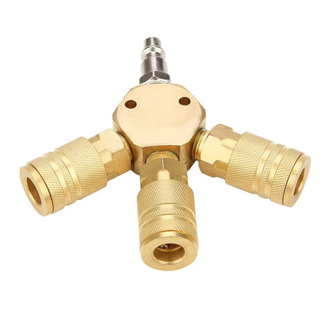 Three Way Air Manifold With Quick Connect Brass Body For Pneumatic Systems Compact 80 By 80 Millimeter Distribution Block