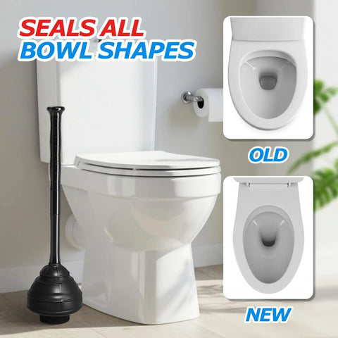 Heavy Duty Toilet Plunger Built Like A Tank For Killer Suction On Bathroom Drain Clog Remover near two toilet bowl shapes.