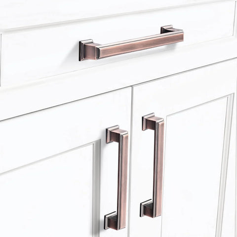 5 Inch Brushed Antique Copper Cabinet Hardware Pulls And Knobs Set For Kitchen And Furniture, square solid zinc alloy handles installed