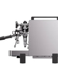 Heavy Duty Dual Boiler Espresso Machine Featuring Programmable Pre And Post Infusion sleek stainless finish, side view, showing construction and controls.