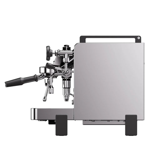 Heavy Duty Dual Boiler Espresso Machine Featuring Programmable Pre And Post Infusion sleek stainless finish, side view, showing construction and controls.
