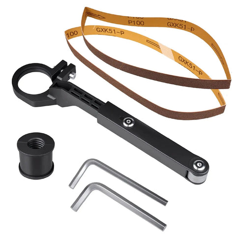 Upgrade Any Angle Grinder To A Belt Sander Instantly accessory kit with black steel attachment and sandpaper for versatile use.