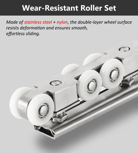 Close-up of stainless steel and nylon roller set for Ceiling Mounted Sliding Door Track Kit With Bypass Pocket Hardware, 6 Wheel Set.