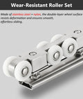 Close-up of 24ft Sliding Barn Door Track System Kit rollers, stainless steel and nylon material, smooth operation for ceiling mount.