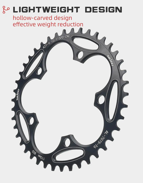 Narrow Wide Aluminum Bicycle Chainring With 5 Screws 110 130 BCD 36 To 60T Range Prevents Chain Drop Fits 9 10 11 Speed Road Folding Bikes CNC 7075 Aluminum For Strong Reliable Shifts And Bombproof Performance featuring lightweight hollow-carved design