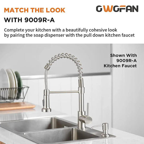 Stainless Steel Built In Kitchen Soap Dispenser With Brushed Nickel Finish Top Refill Design shown with kitchen faucet.