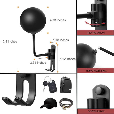 180 Degree Rotating Motorcycle Helmet Rack Wall Mount With 2 Hooks Beefy Steel Heavy Duty Hanger for helmets and gear