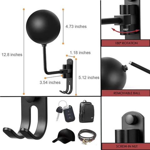 180 Degree Rotating Motorcycle Helmet Rack Wall Mount Heavy Duty Metal Helmet Holder With Two Hooks measurement details