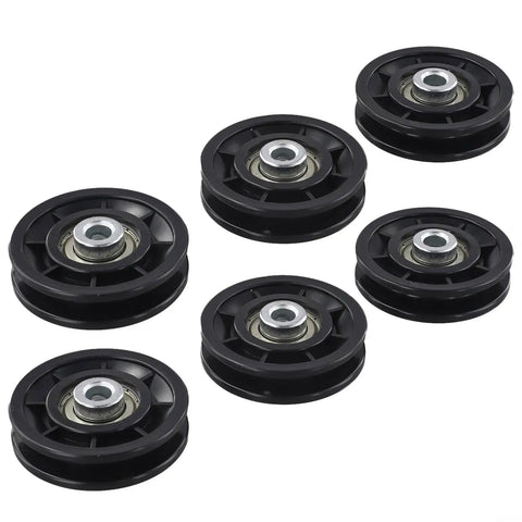 Beefy 6 Pack Nylon Bearing Pulleys For Gym Equipment And Cable Machines, Smooth Silent Replacement Rollers For Home Fitness And Garage Door, Black 70mm Diameter, six black nylon pulleys with bearings