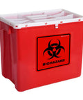 Heavy Duty Biohazard Stickers 5.5 X 5.5 Inch Labels Pack Of 10 on a red biohazard waste container for safety compliance