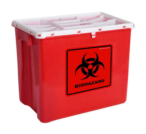 Heavy Duty Biohazard Stickers 5.5 X 5.5 Inch Labels Pack Of 10 on a red biohazard waste container for safety compliance