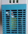 Rock Solid Din Rail Switching Power Supply Kickin Out 100 Watts Of Clean 48VDC Current front view with blue casing and vents.