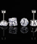 Snag These Fresh Flat Back Earrings Made From Light As Air Titanium Surgical Steel With Diamond Like Cubic Zirconia In Classic Round And Square Styles White Gold Plated Hypoallergenic Multiple Piercing Stud Set Truly Built For All Day Vibes, showcasing four pairs of titanium stud earrings with cubic zirconia.