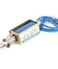 Dope 12V DC Push Pull Solenoid Electromagnet With 5N Force, 15mm Stroke, Compact 10mm Body, 30x15.6x13mm Size, Plunger 5.7x58mm, Ideal Magnetic Actuator For Locks, Latches And Robotic Projects. Blue-wire 12V DC metal solenoid actuator with spring plunger