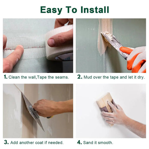 Heavy Duty Self Adhesive Fiberglass Mesh Drywall Joint Tape 1.97 Inch By 180 Feet For Wall Crack Repairs Seam Patches And Spackle Projects Built Tough For Long Lasting Smooth Walls, applied to drywall seams
