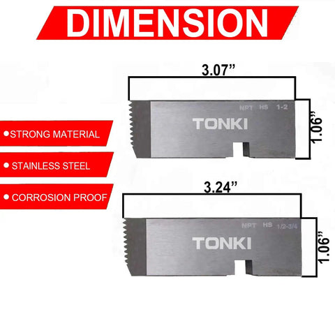 Heavy Duty 4-Piece Pipe Threading Die Set For 1 To 2 Inch Pipes, dimensions shown, includes steel material details.