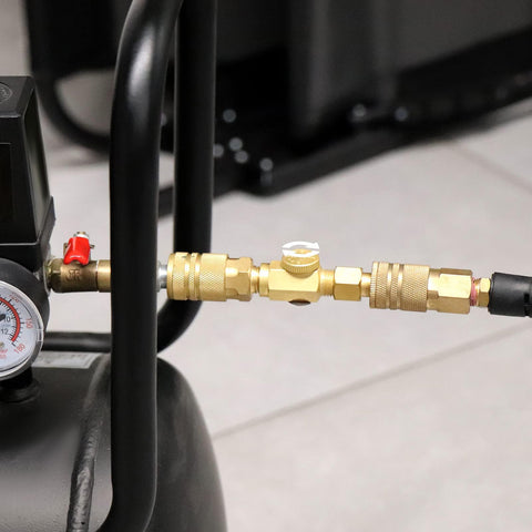 Five Pack Brass In Line Air Flow Regulator Valve For Air Compressors One Quarter NPT Male To One Quarter NPT Female connected to compressor