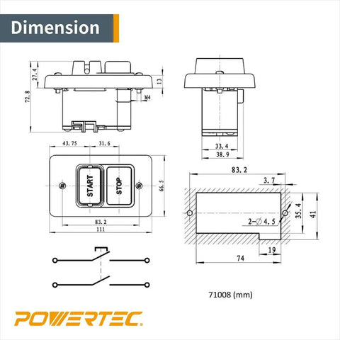 Technical diagram of Dual Voltage Paddle On/Off Switch 120/230V for woodworking machines with product dimensions and wiring outline.