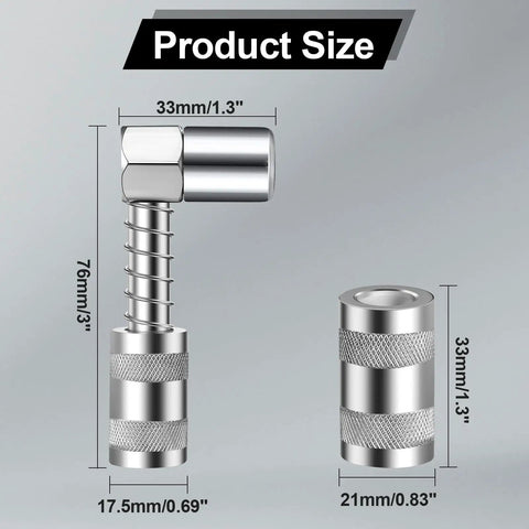 90 Degree Grease Gun Adapter For Tight Spaces, 3 Jaw Coupler To Reach Hard To Access Fittings, dimensions illustrated