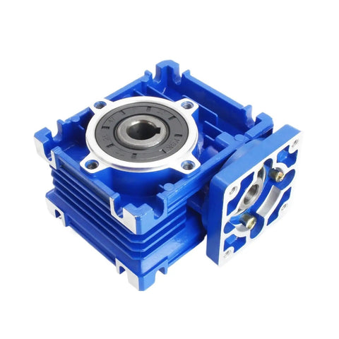 Built Tough Nmrv030 Worm Gear Reducer delivering high torque for Nema23 stepper motors, compact blue aluminum housing.