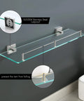 Stainless Steel Glass Bathroom Shelf 1 Tier Wall Mount Brushed Finish Rustproof, 6mm Tempered Clear Glass installed on wall