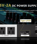 5V-2A DC power supply ports with Type-C and USB outputs for connecting mobile devices and searchlights, Tough As Nails 10 Socket Power Conditioner Surge Sequencer.